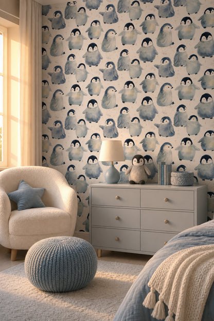 Suluboya Penguenli Duvar Kağıdı Mavi Çocuk Odası Desenli