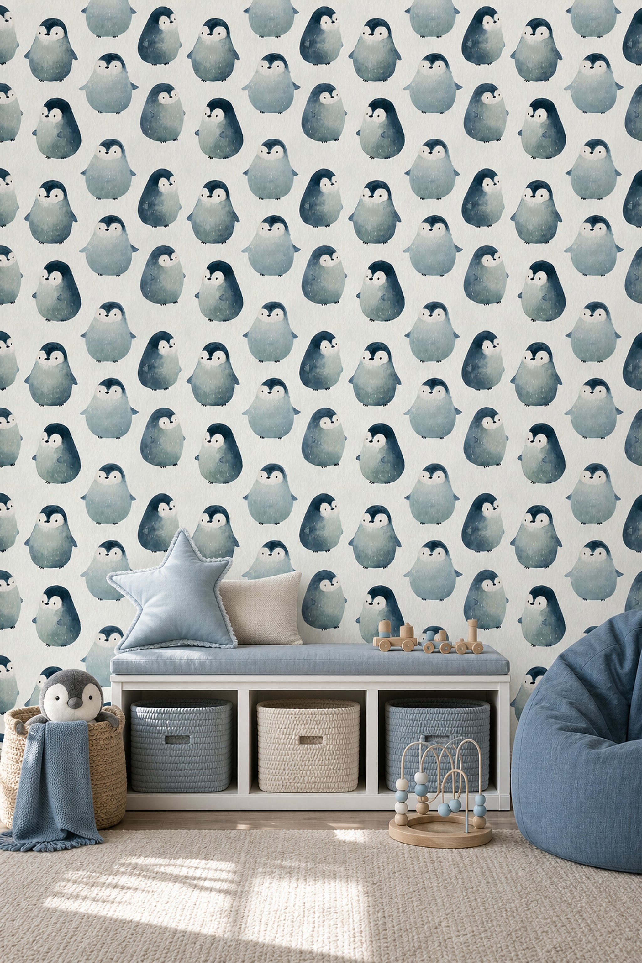 Sevimli Penguenli Duvar Kağıdı Mavi Çocuk Odası Desenli