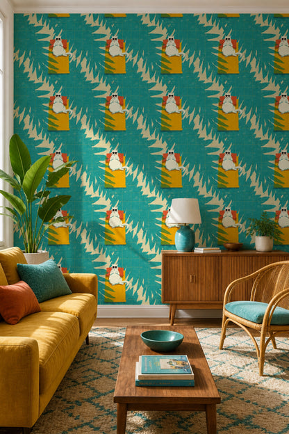 Kedili Tekrarlı Desen Duvar Kağıdı Turkuaz Retro Salon