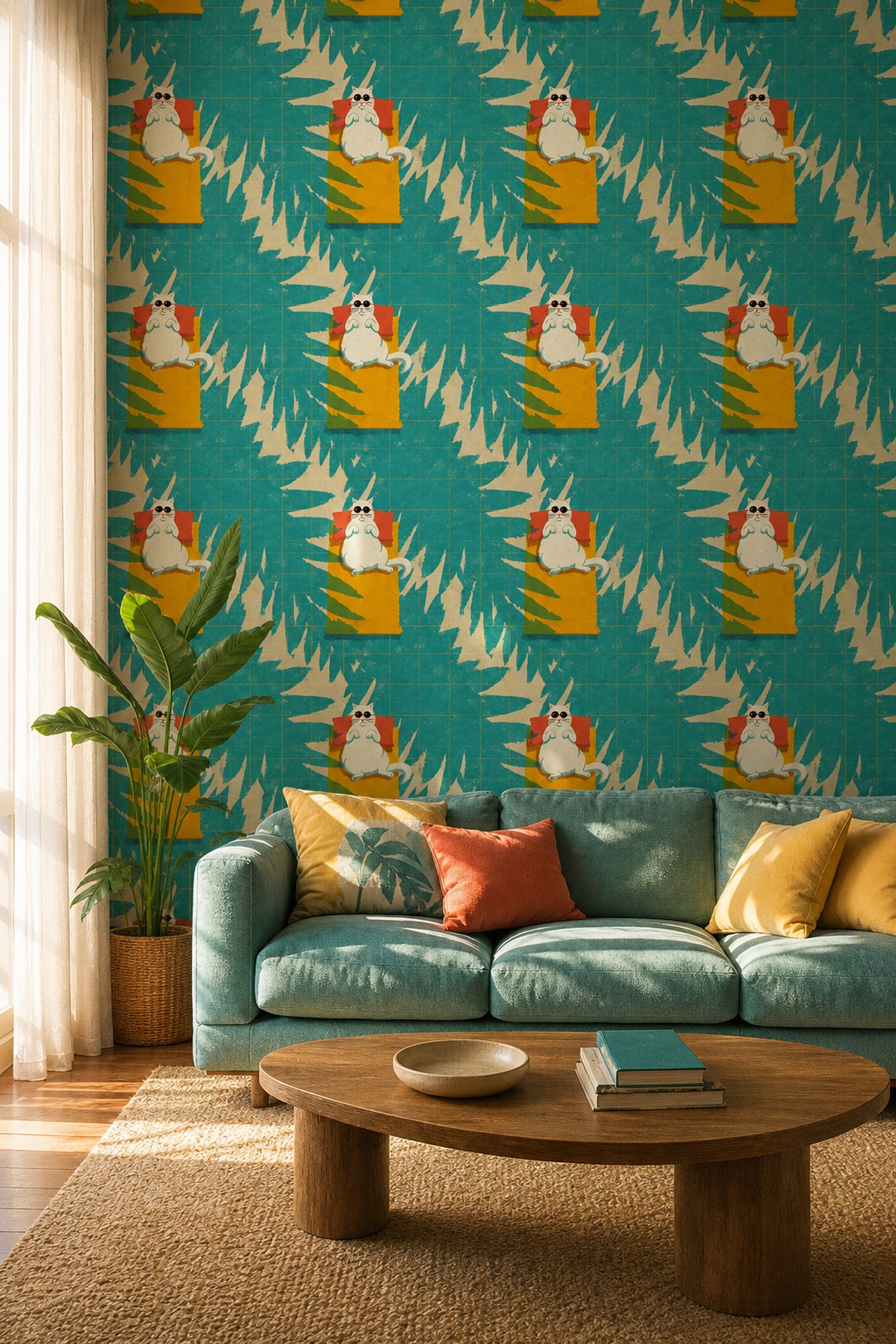 Kedili Tekrarlı Desen Duvar Kağıdı Turkuaz Retro Salon