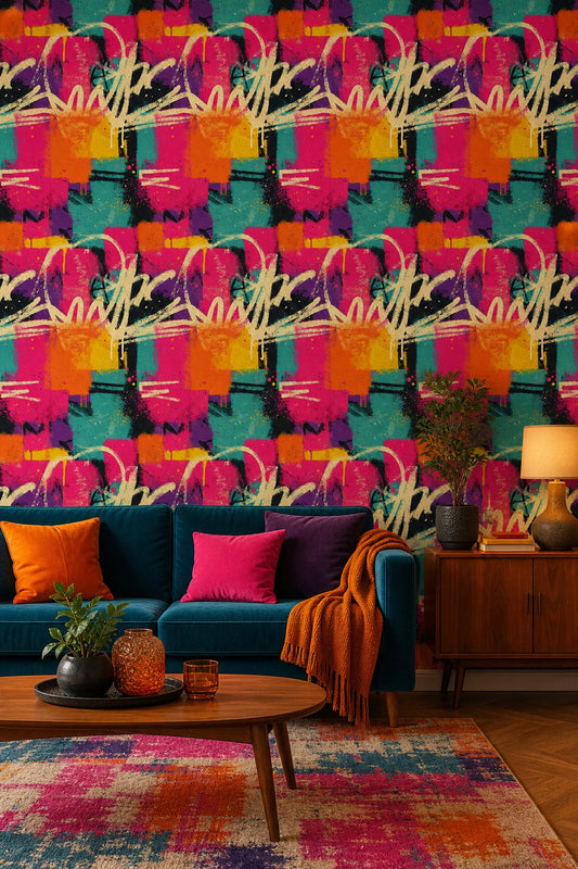 Renkli Graffiti Desenli Duvar Kağıdı Modern Salon Duvar Dekoru