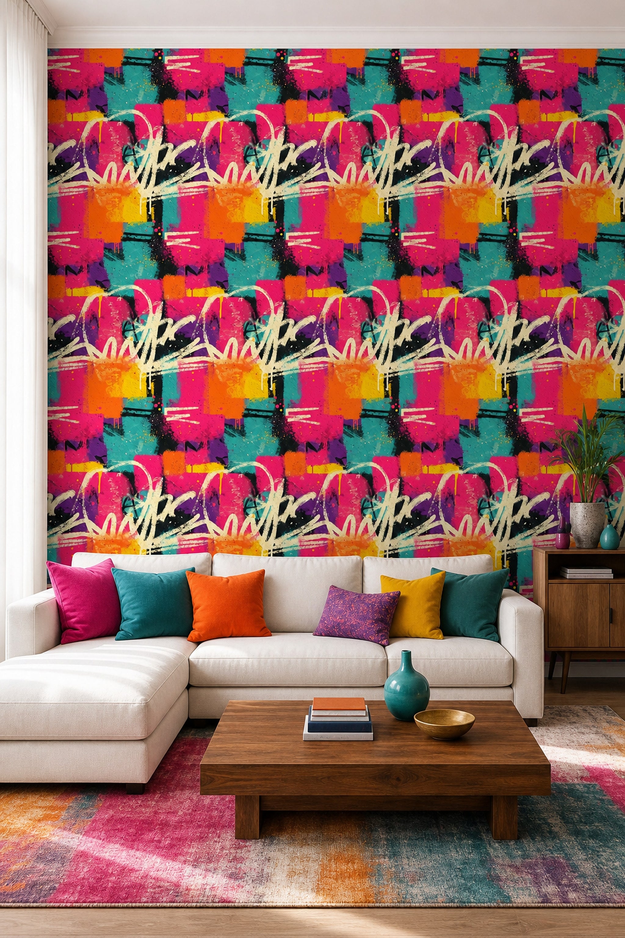 Renkli Graffiti Desenli Duvar Kağıdı Modern Salon Duvar Dekoru