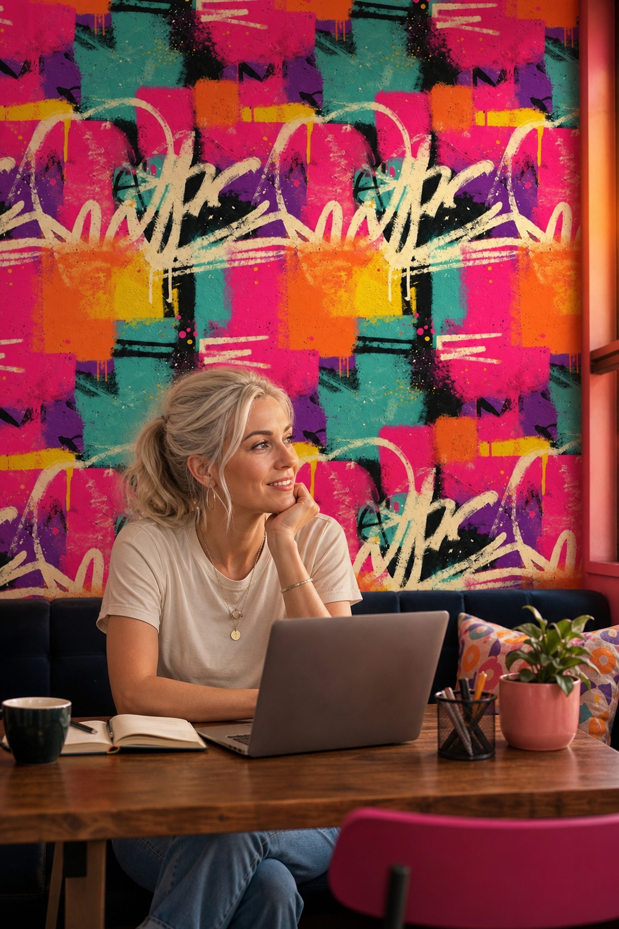 Renkli Graffiti Desenli Duvar Kağıdı Modern Salon Duvar Dekoru
