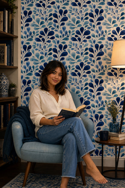 Mavi Yaprak Desenli Duvar Kağıdı Modern Salon Dekoru