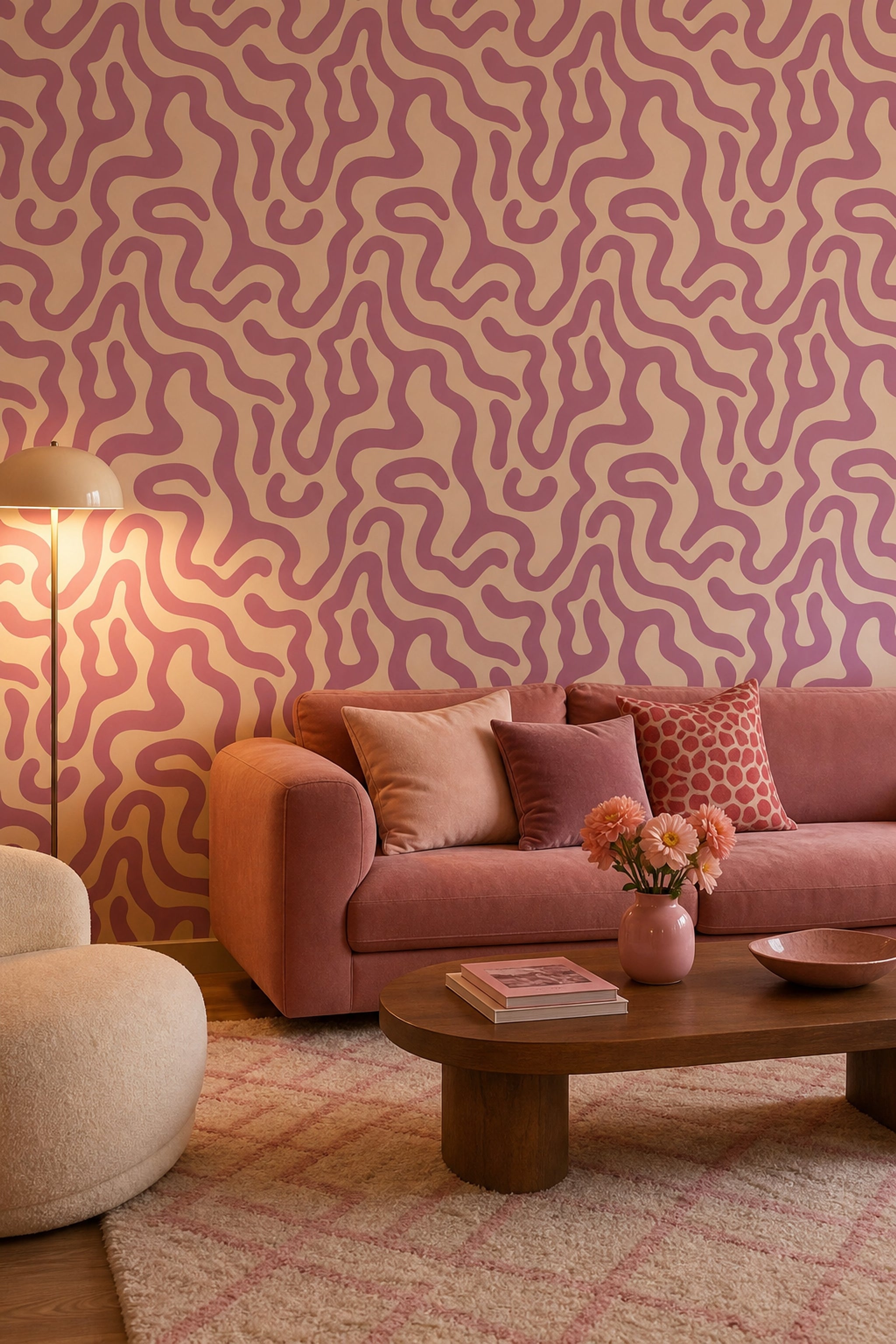 Pembe Organik Dalgalı Duvar Kağıdı Modern Soyut Desenli