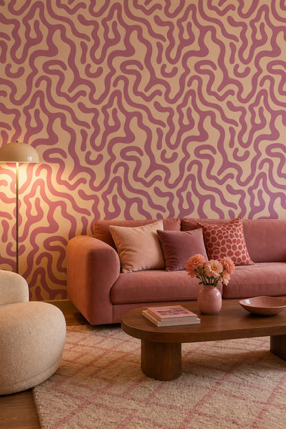 Pembe Organik Dalgalı Duvar Kağıdı Modern Soyut Desenli