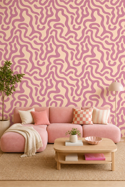 Pembe Organik Dalgalı Duvar Kağıdı Modern Soyut Desenli