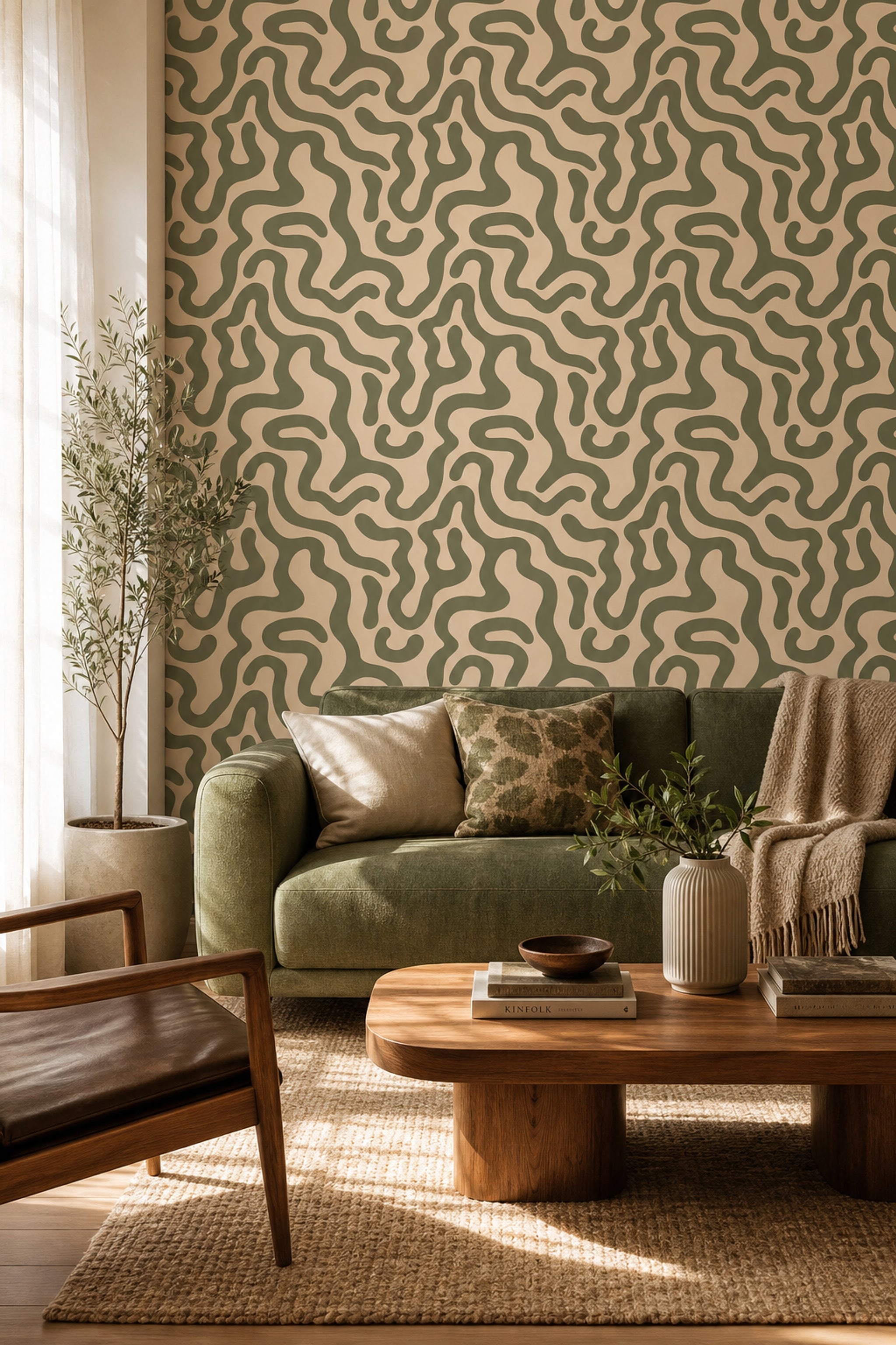 Yeşil Krem Dalgalı Soyut Desenli Duvar Kağıdı Salon