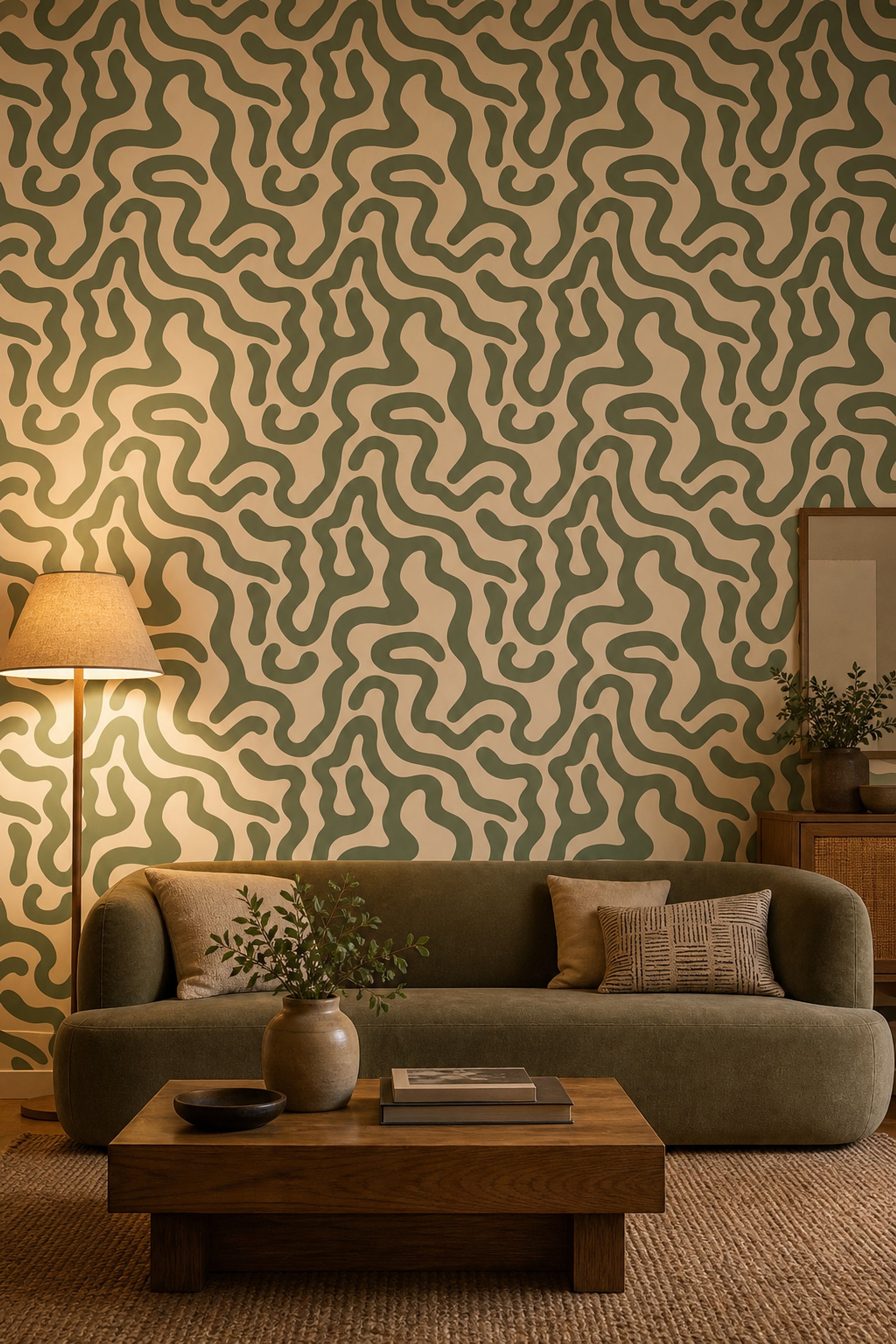 Yeşil Krem Dalgalı Soyut Desenli Duvar Kağıdı Salon
