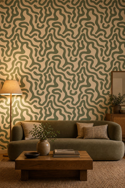 Yeşil Krem Dalgalı Soyut Desenli Duvar Kağıdı Salon