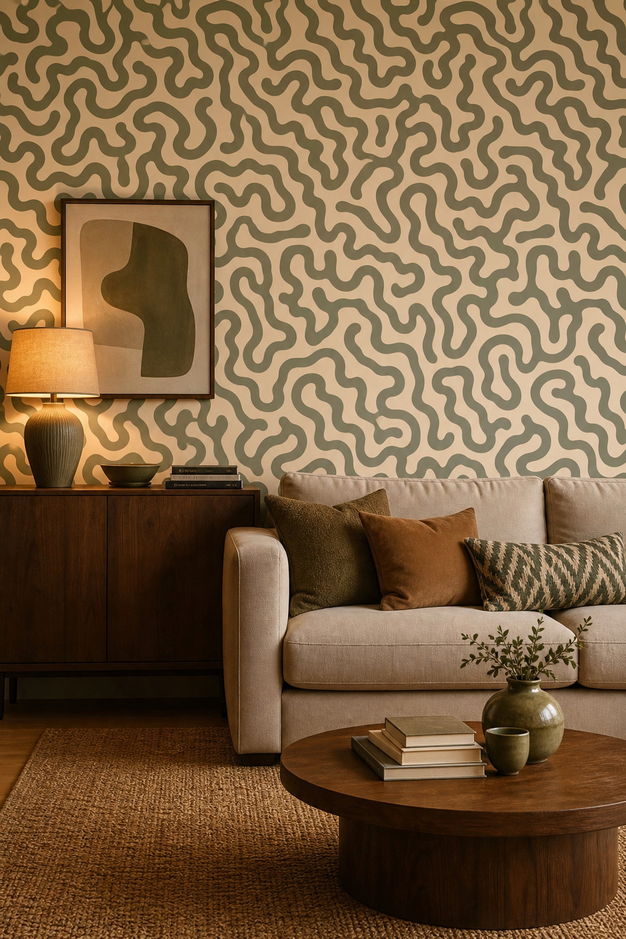 Yeşil Krem Dalgalı Soyut Desenli Duvar Kağıdı Salon