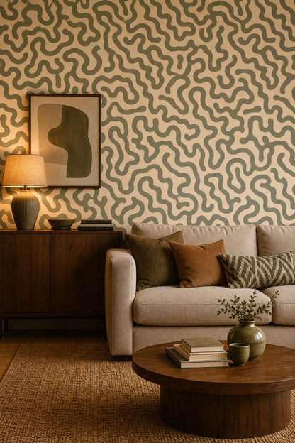 Yeşil Krem Dalgalı Soyut Desenli Duvar Kağıdı Salon