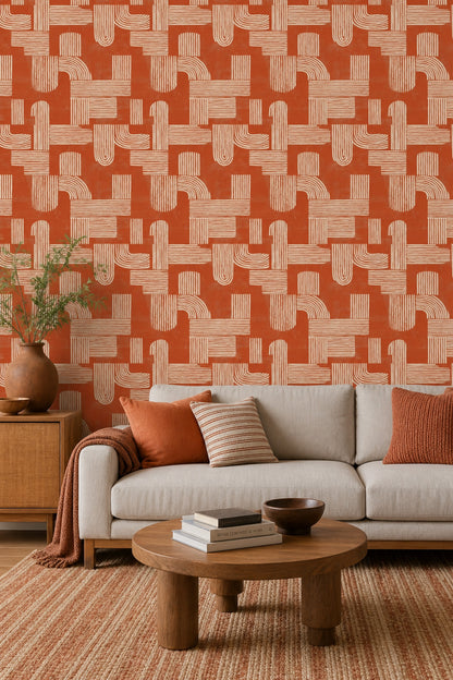 Geometrik Desenli Duvar Kağıdı Kiremit Renk Modern Salon