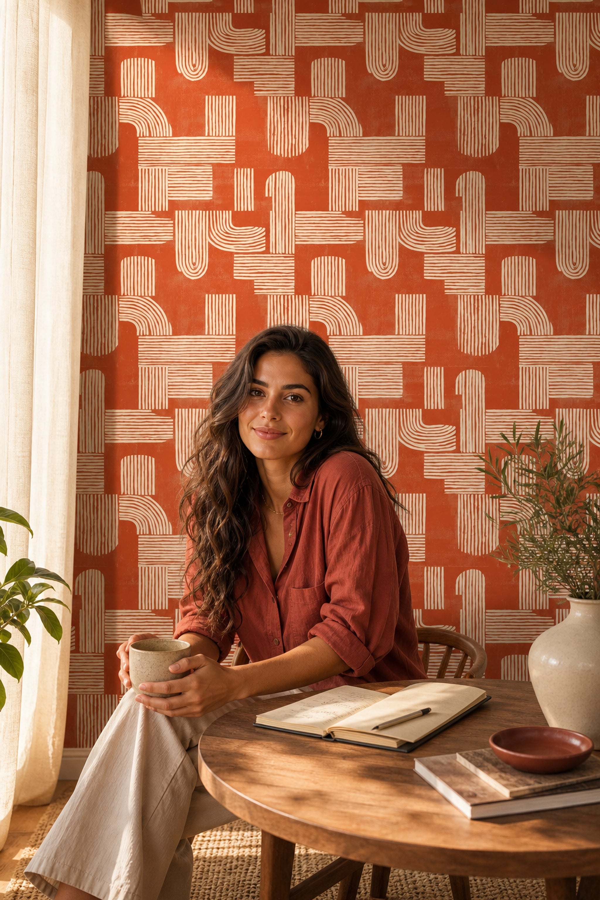 Geometrik Desenli Duvar Kağıdı Kiremit Renk Modern Salon