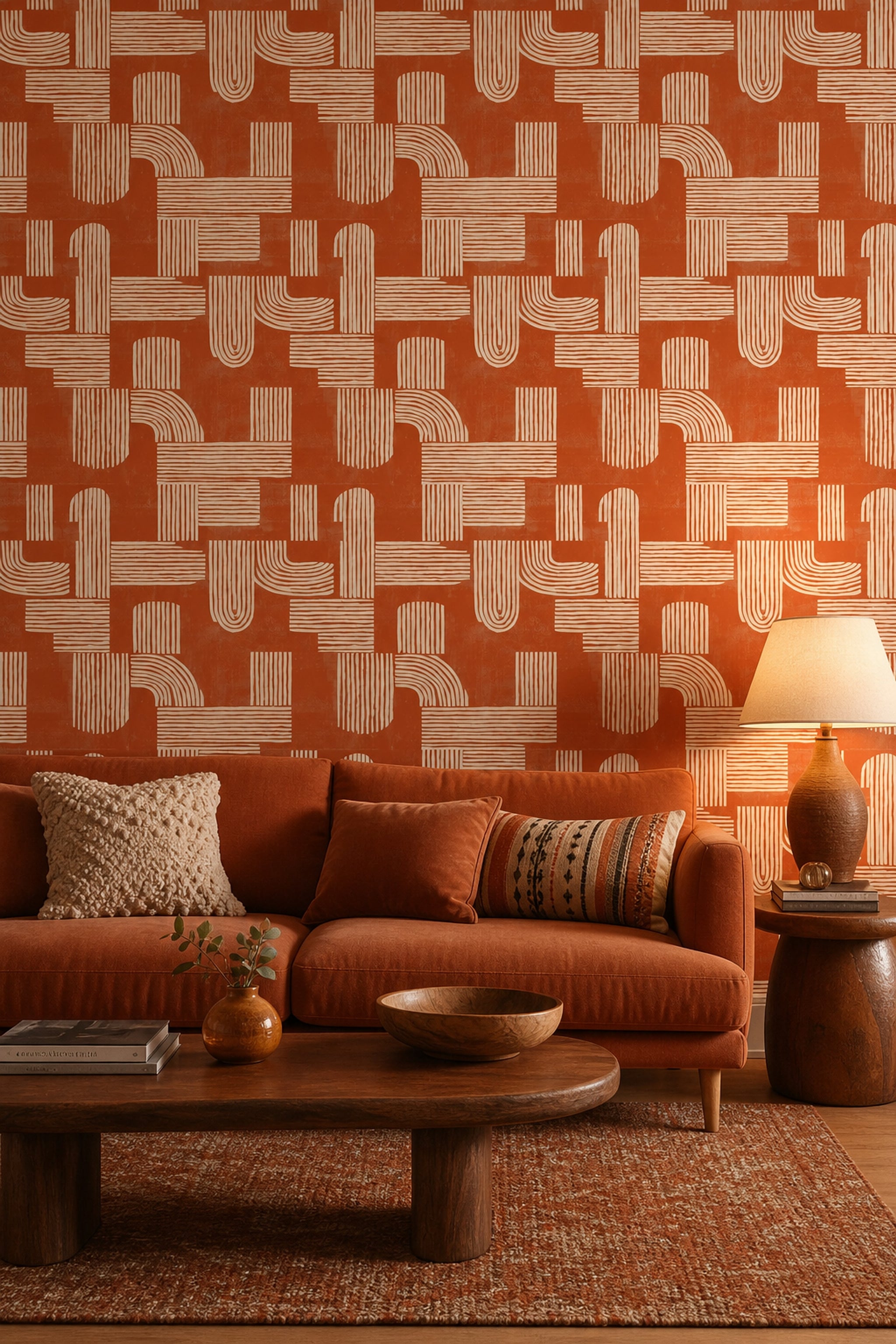 Geometrik Desenli Duvar Kağıdı Kiremit Renk Modern Salon