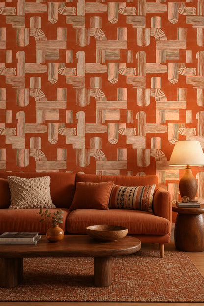 Geometrik Desenli Duvar Kağıdı Kiremit Renk Modern Salon