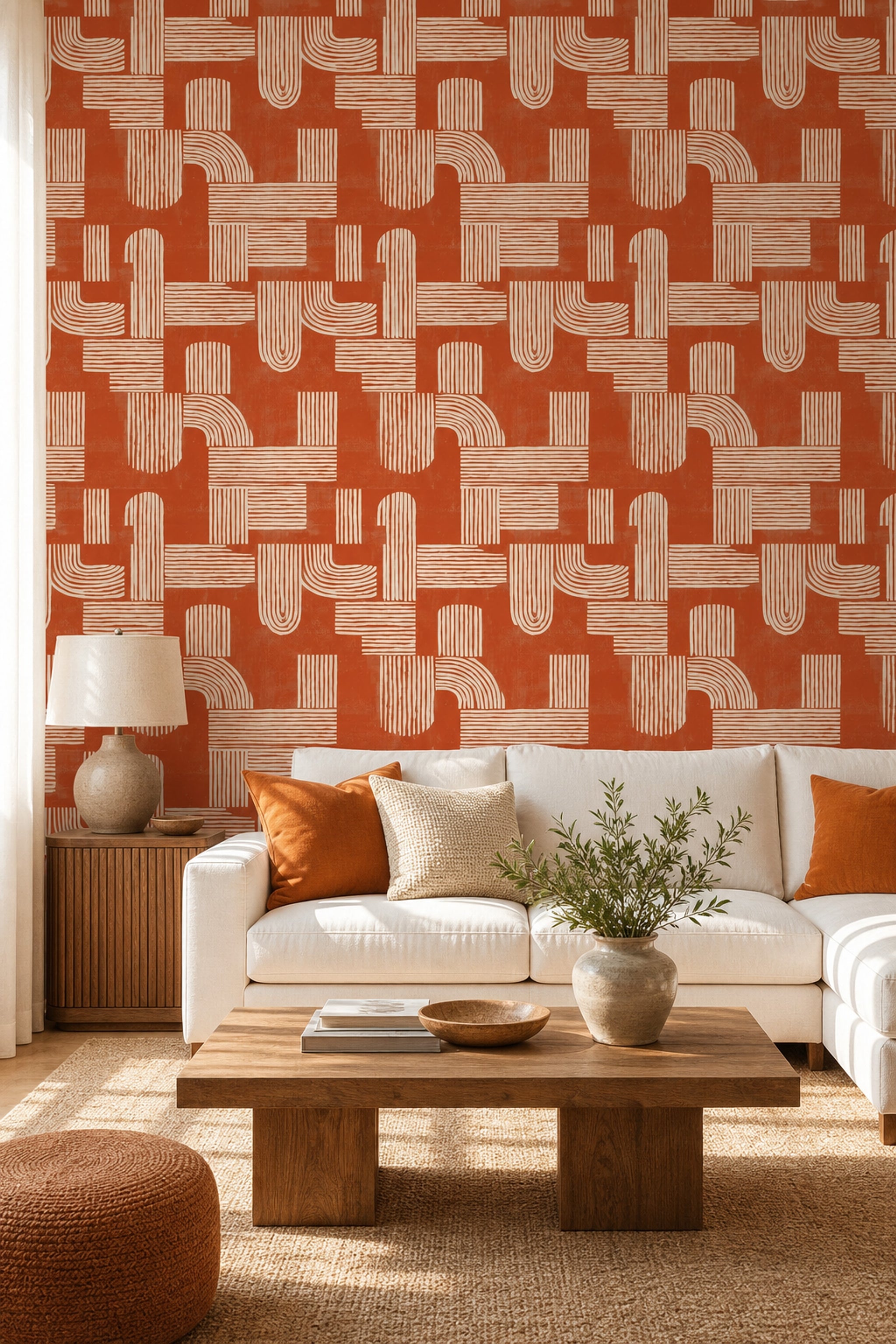 Geometrik Desenli Duvar Kağıdı Kiremit Renk Modern Salon
