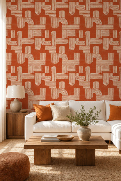 Geometrik Desenli Duvar Kağıdı Kiremit Renk Modern Salon