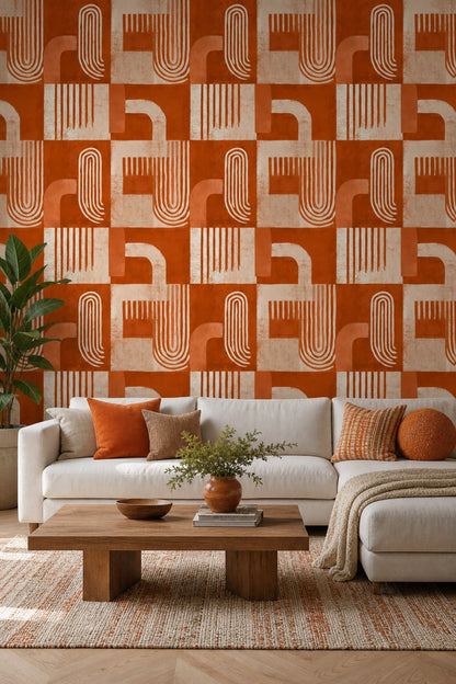 Geometrik Soyut Duvar Kağıdı Kiremit Turuncu Salon Desenli