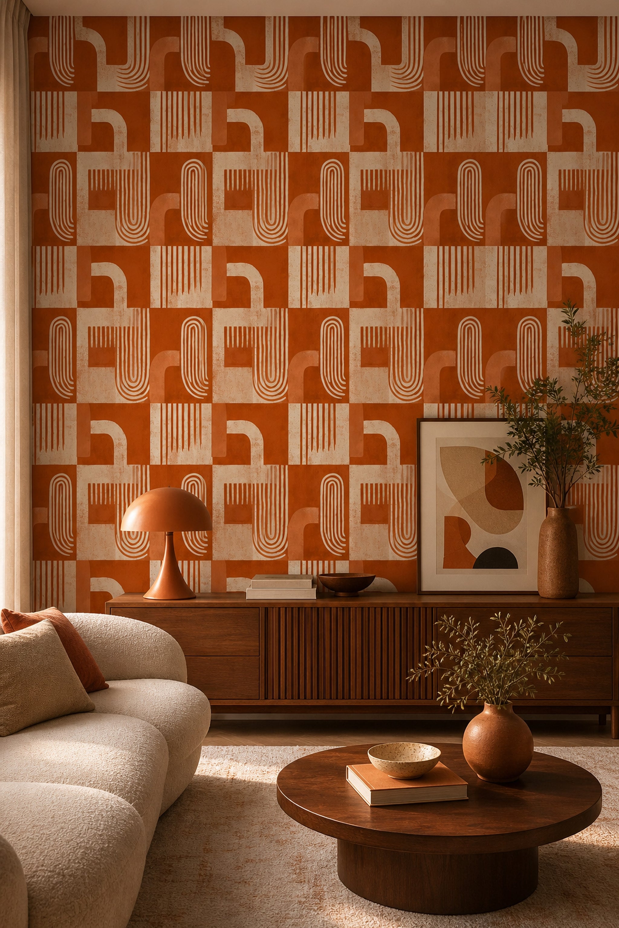 Geometrik Soyut Duvar Kağıdı Kiremit Turuncu Salon Desenli