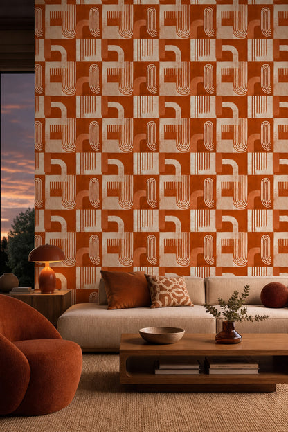 Geometrik Soyut Duvar Kağıdı Kiremit Turuncu Salon Desenli
