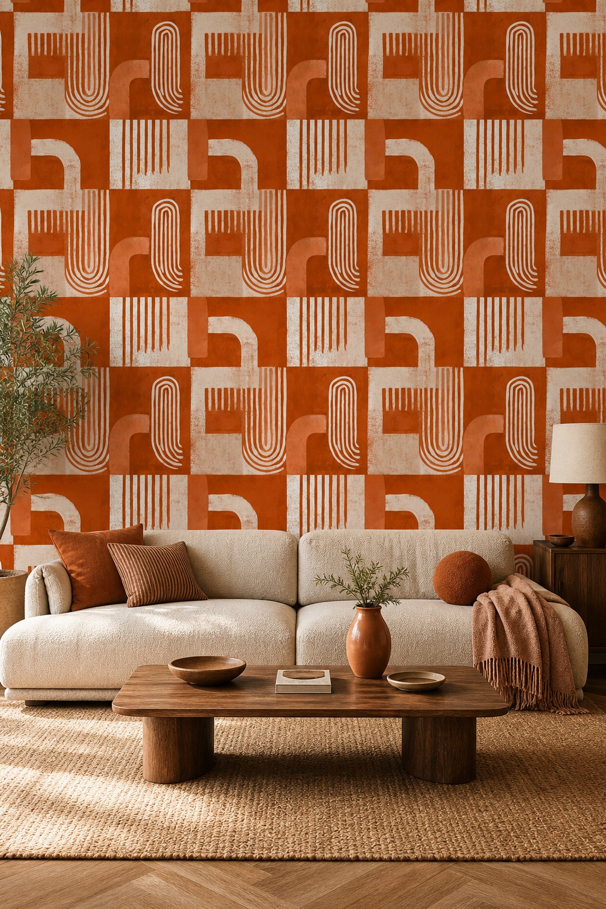 Geometrik Soyut Duvar Kağıdı Kiremit Turuncu Salon Desenli