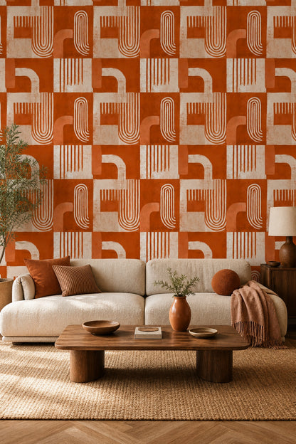 Geometrik Soyut Duvar Kağıdı Kiremit Turuncu Salon Desenli