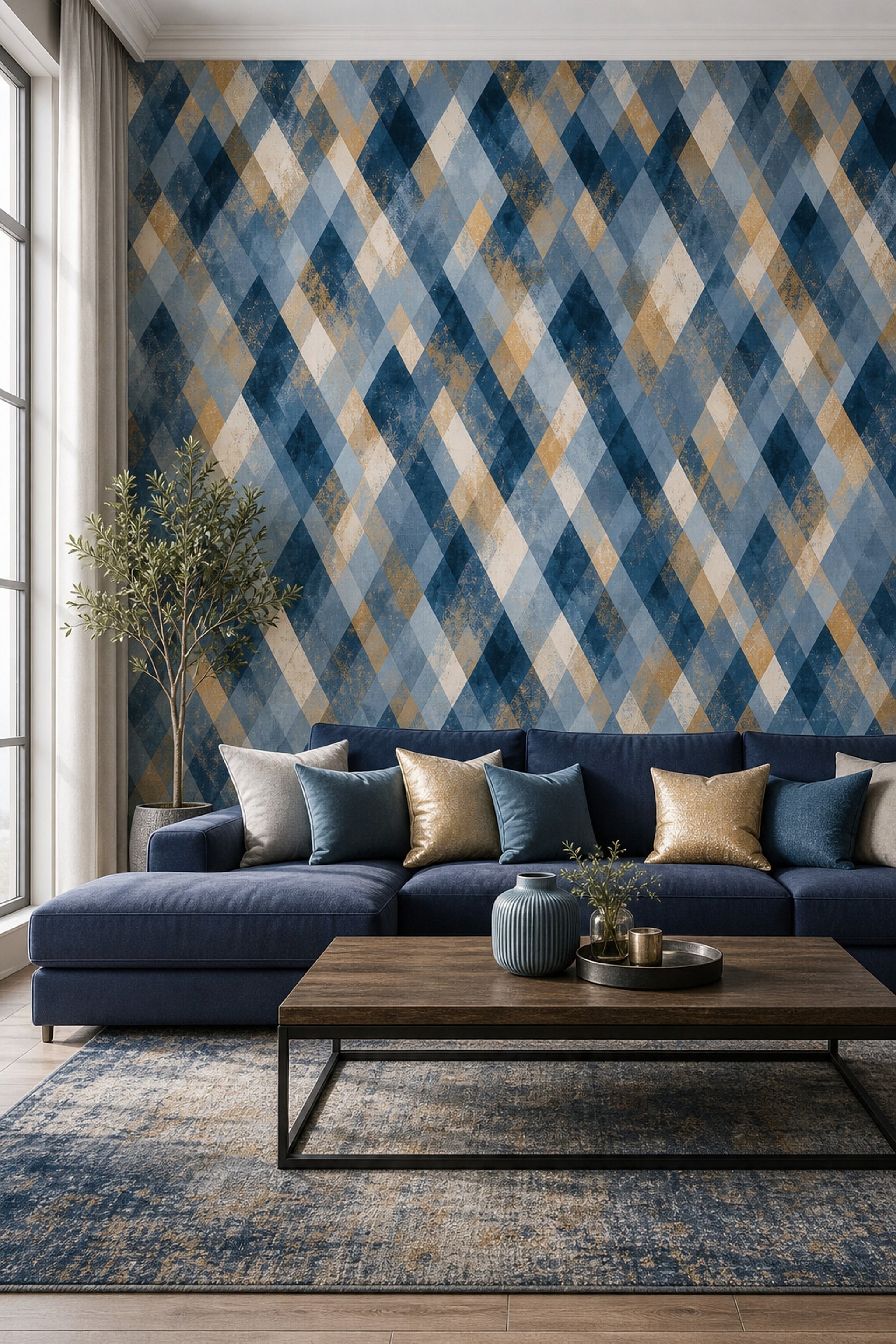 Geometrik Baklava Desenli Duvar Kağıdı Lacivert Bej Salon