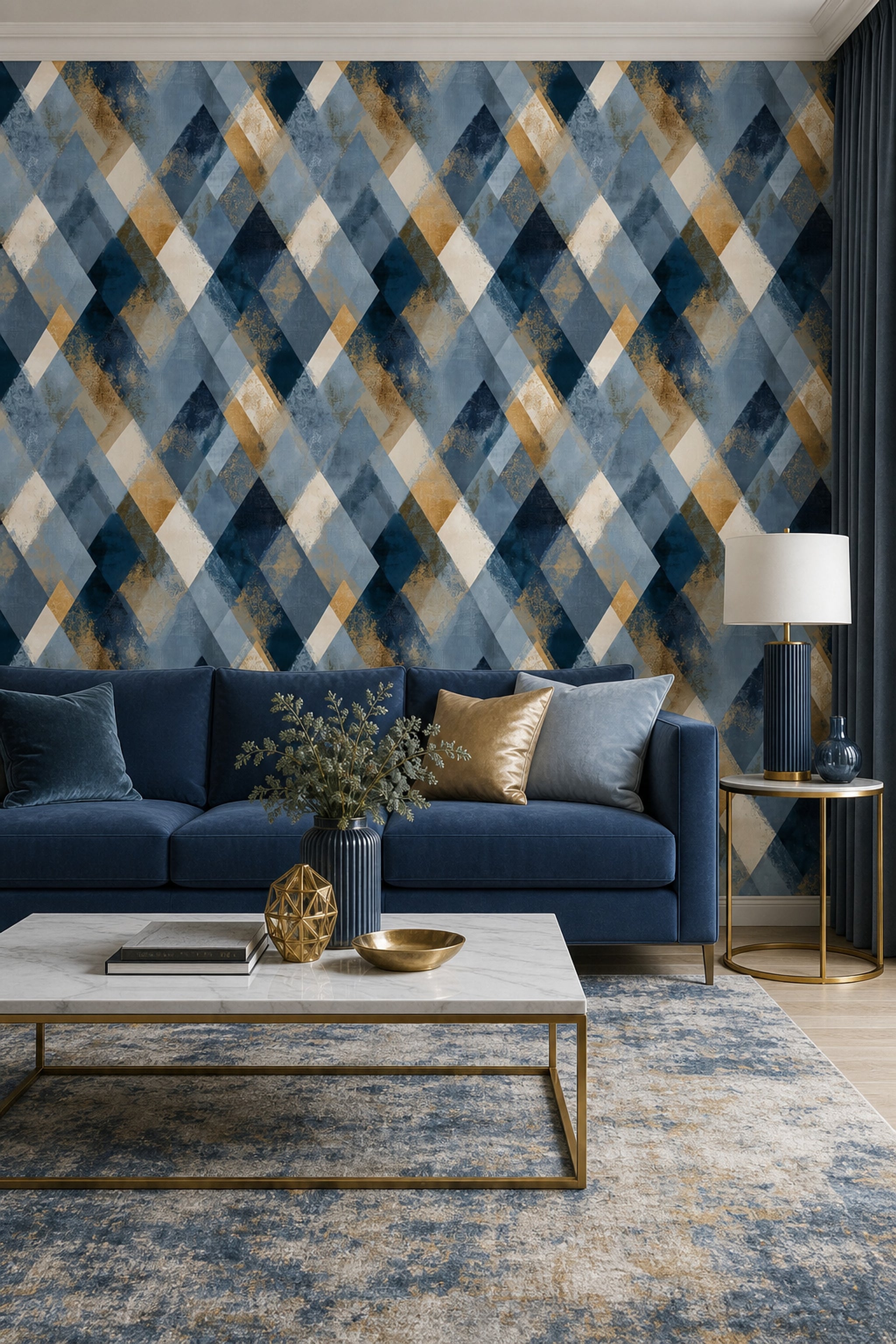Geometrik Baklava Desenli Duvar Kağıdı Lacivert Bej Salon