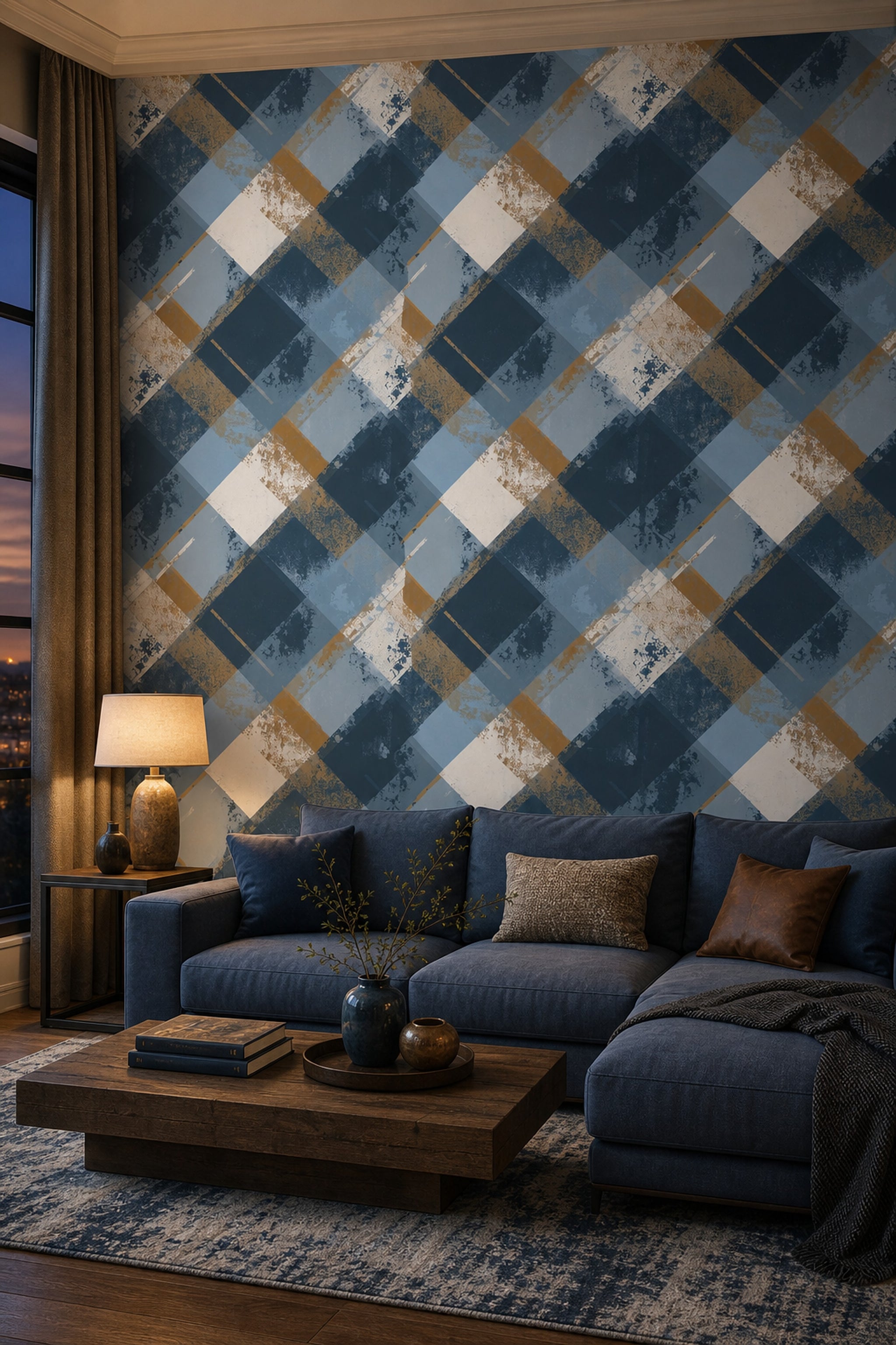 Lacivert Mavi Ekose Desenli Duvar Kağıdı Modern Salon
