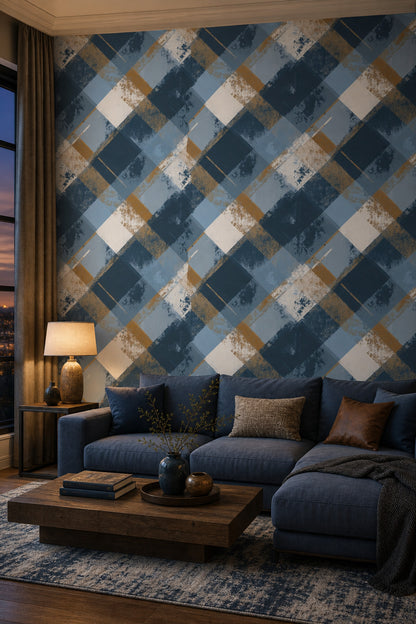 Lacivert Mavi Ekose Desenli Duvar Kağıdı Modern Salon