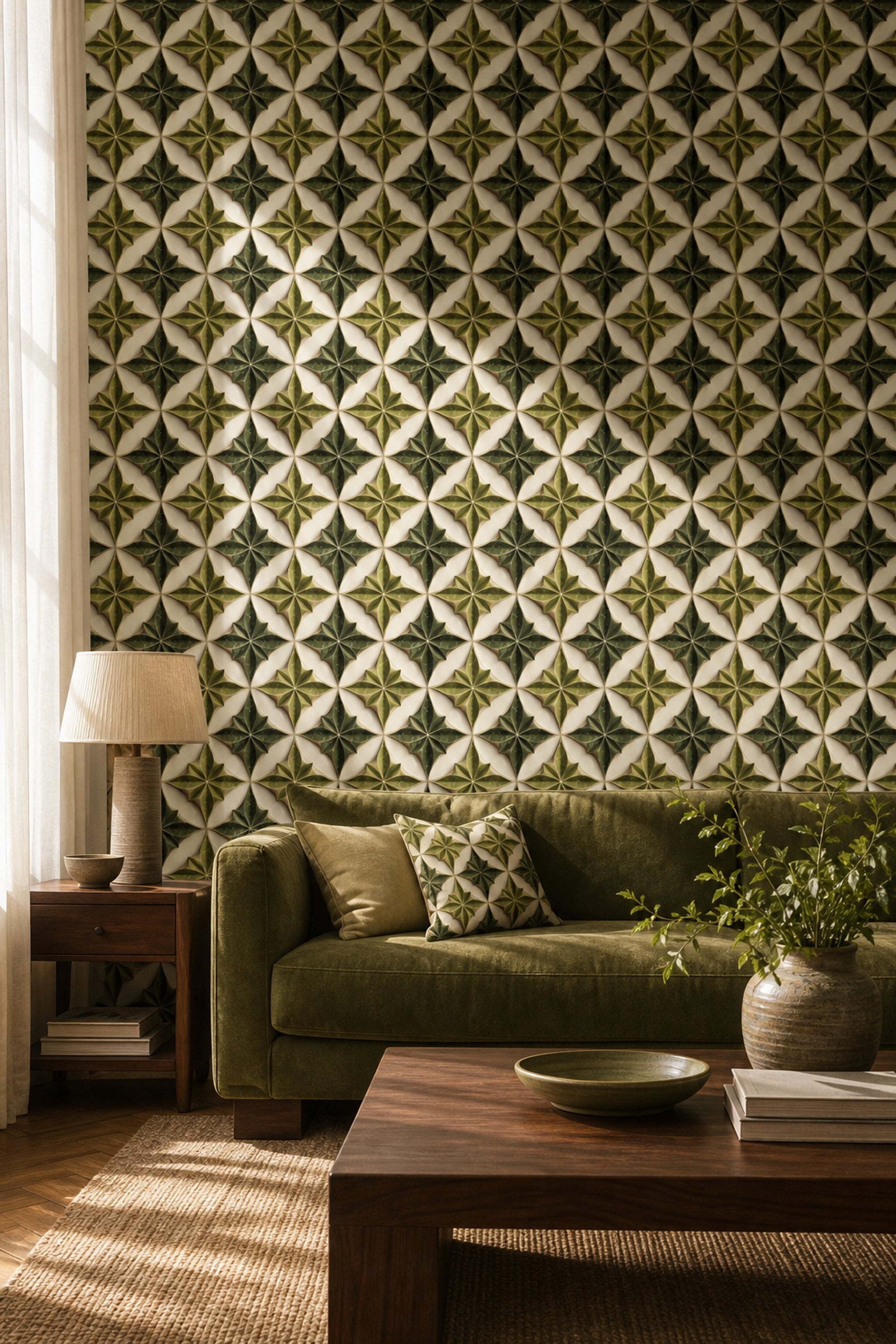 Geometrik Yıldız Desenli Duvar Kağıdı Yeşil Salon Duvarı