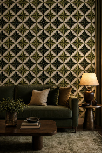 Geometrik Yıldız Desenli Duvar Kağıdı Yeşil Salon Duvarı