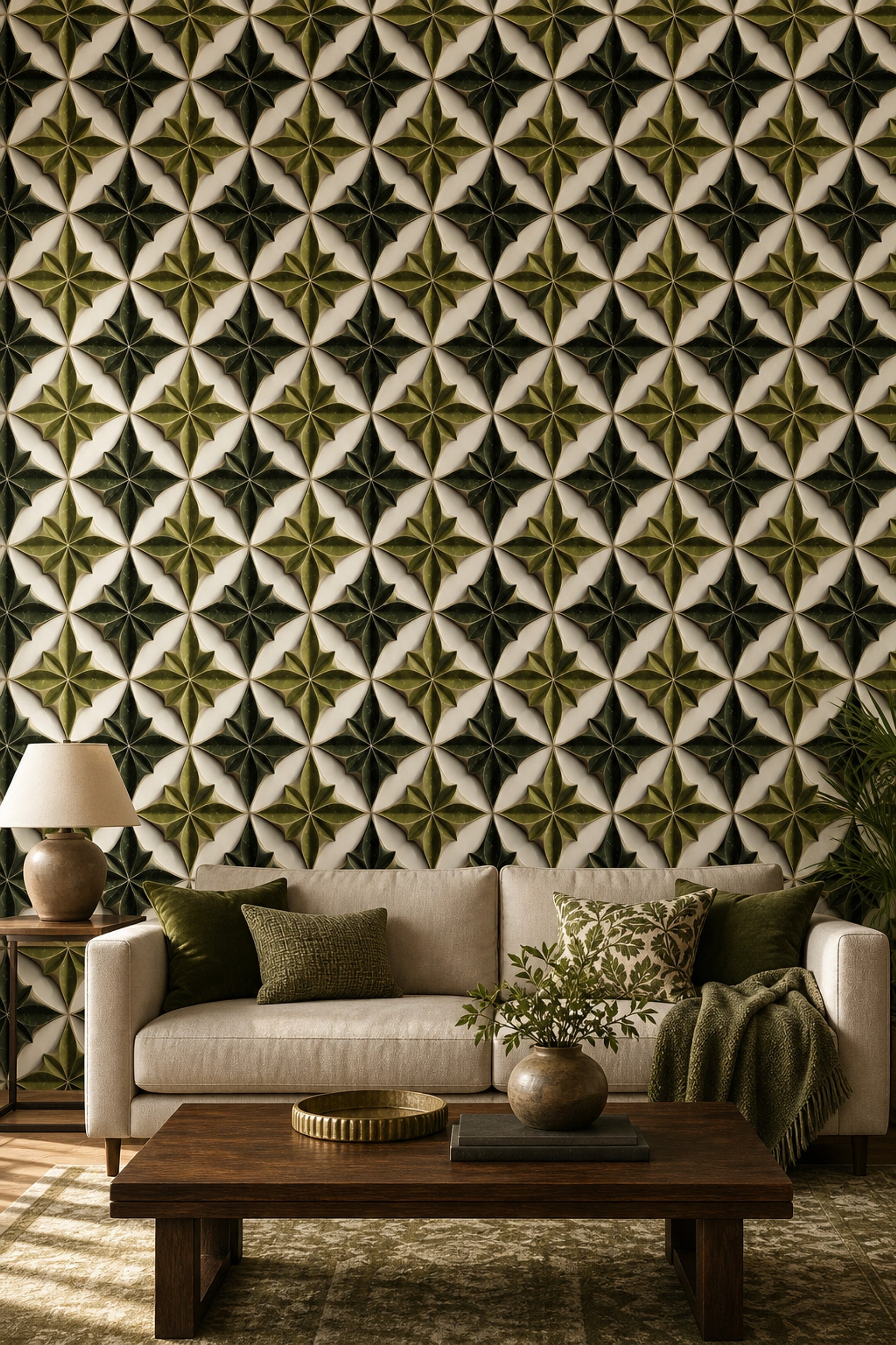 Geometrik Yıldız Desenli Duvar Kağıdı Yeşil Salon Duvarı