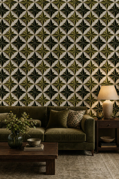 Geometrik Yıldız Desenli Duvar Kağıdı Yeşil Salon Duvarı