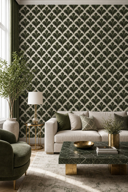 Art Deco Palmet Desenli Duvar Kağıdı Yeşil Salon