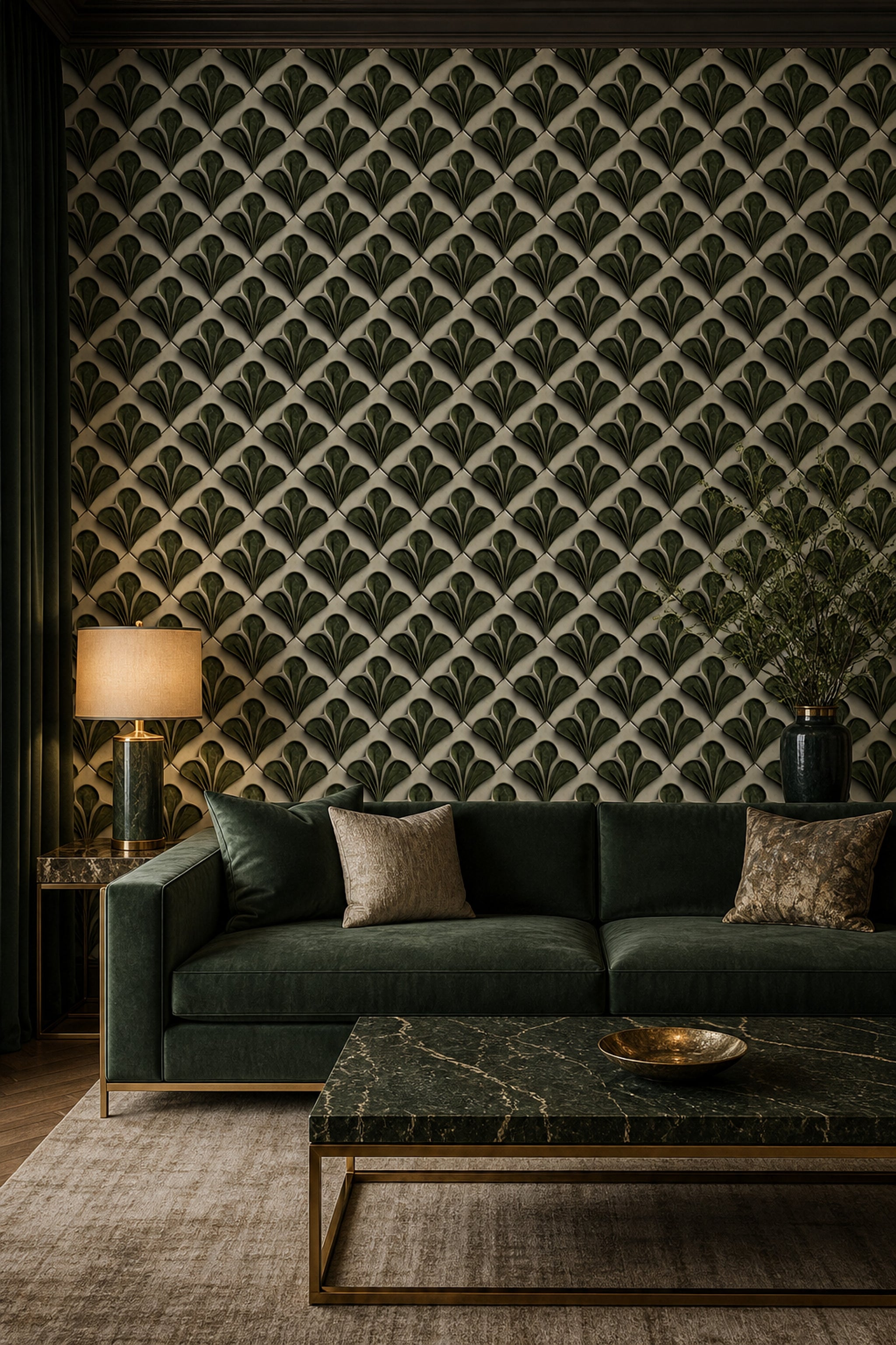 Art Deco Palmet Desenli Duvar Kağıdı Yeşil Salon