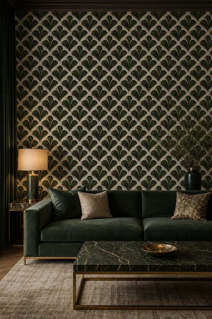 Art Deco Palmet Desenli Duvar Kağıdı Yeşil Salon