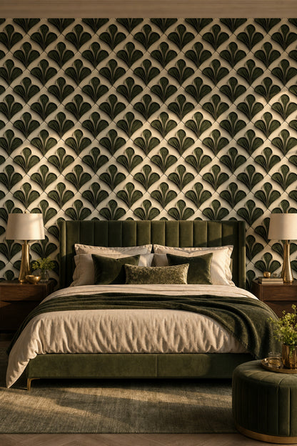 Art Deco Palmet Desenli Duvar Kağıdı Yeşil Salon