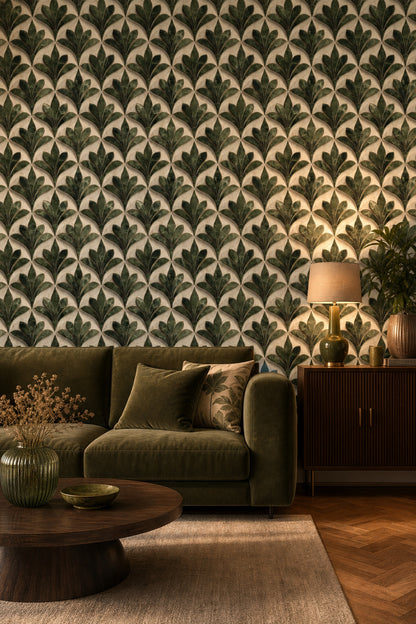 Art Deco Yaprak Desenli Duvar Kağıdı Yeşil Krem Salon