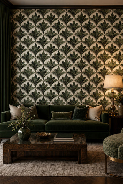 Art Deco Yaprak Desenli Duvar Kağıdı Yeşil Krem Salon
