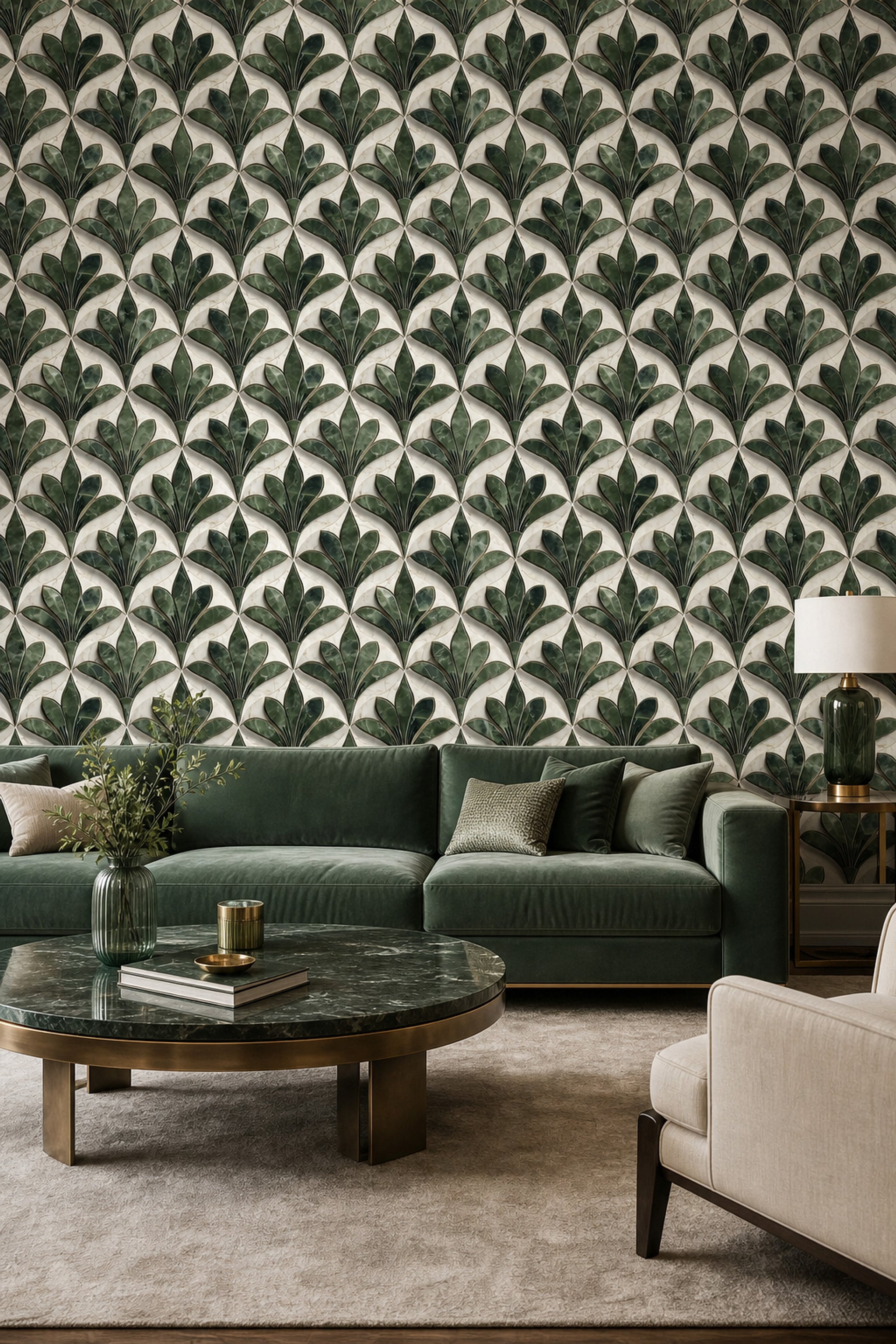 Art Deco Yaprak Desenli Duvar Kağıdı Yeşil Krem Salon