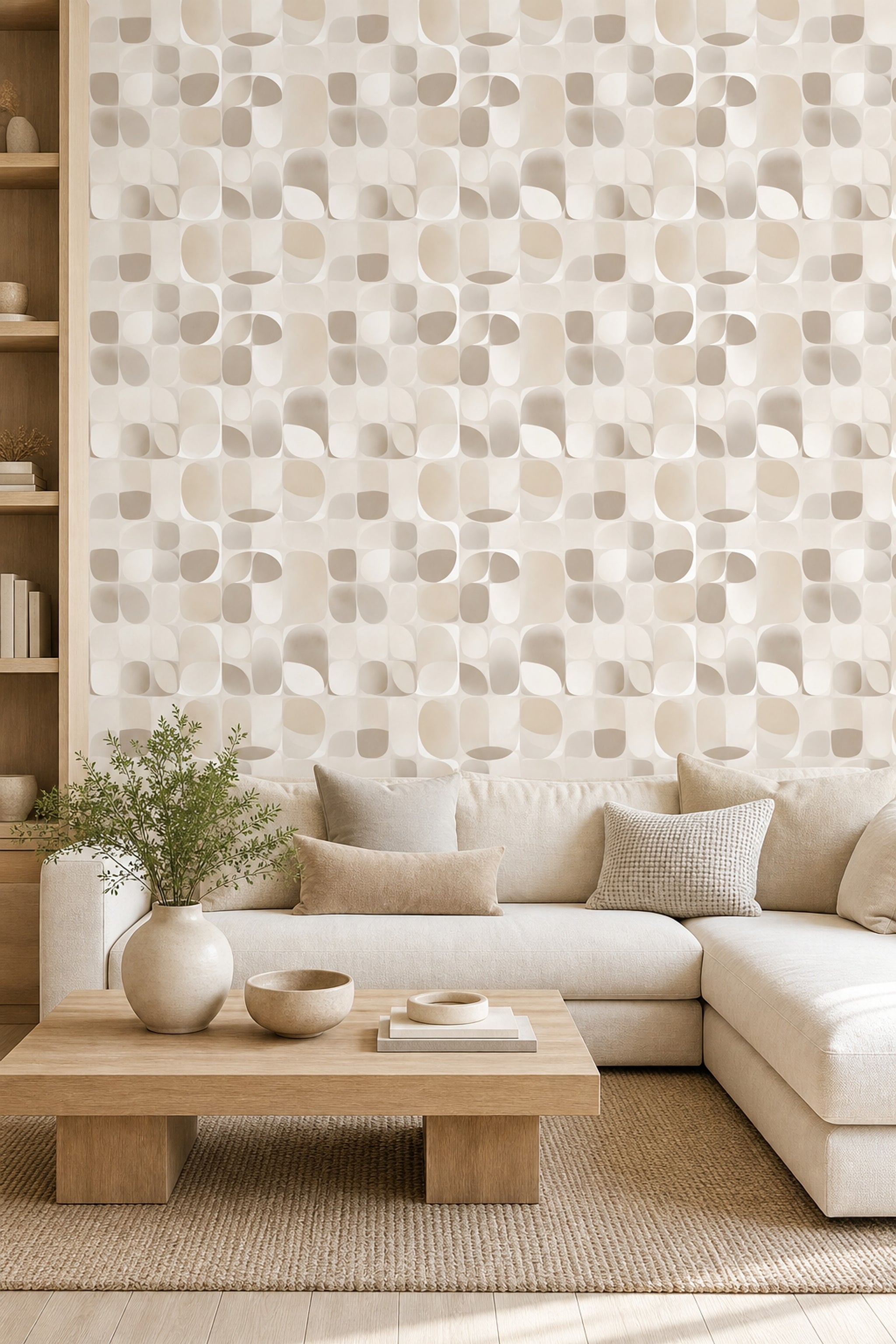 Yuvarlatılmış Geometrik Duvar Kağıdı Bej Krem Modern Salon