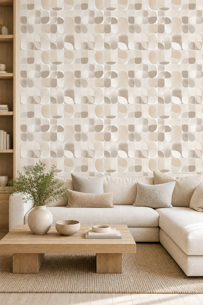 Yuvarlatılmış Geometrik Duvar Kağıdı Bej Krem Modern Salon