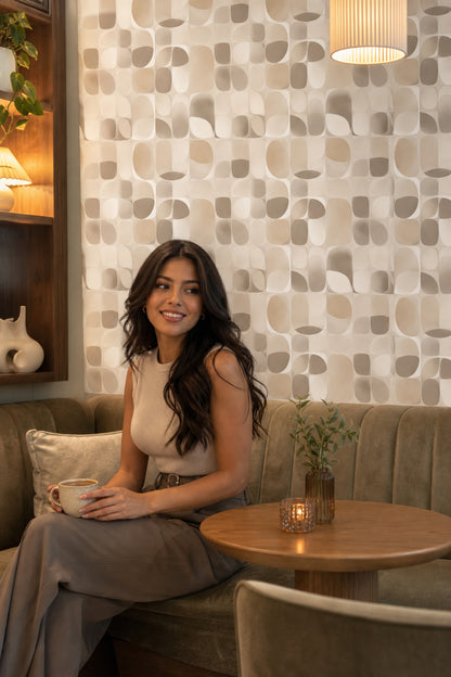 Yuvarlatılmış Geometrik Duvar Kağıdı Bej Krem Modern Salon