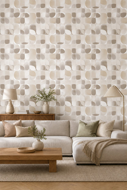 Yuvarlatılmış Geometrik Duvar Kağıdı Bej Krem Modern Salon