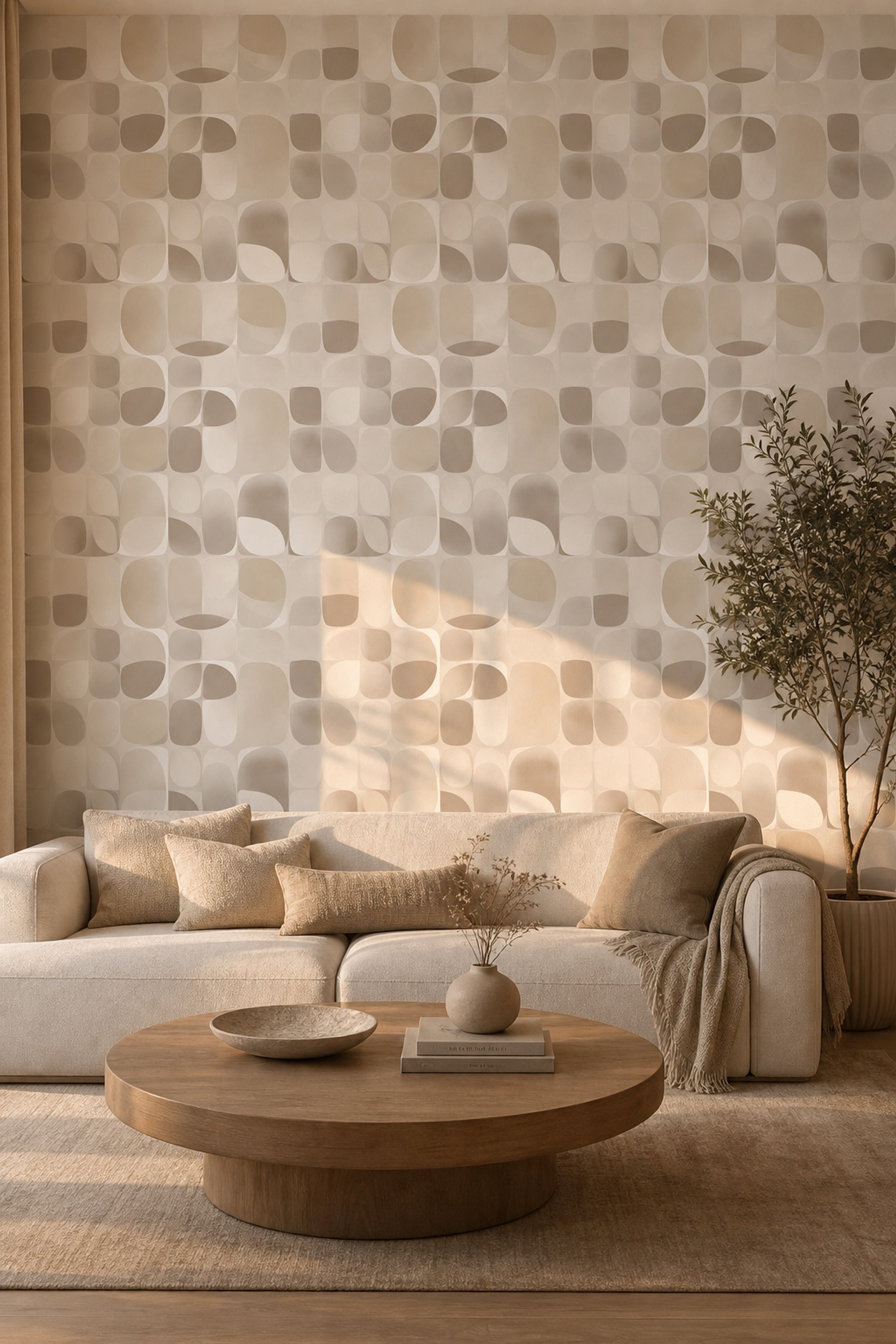 Yuvarlatılmış Geometrik Duvar Kağıdı Bej Krem Modern Salon