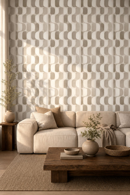 Geometrik Yuvarlatılmış Desenli Duvar Kağıdı Bej Krem Salon