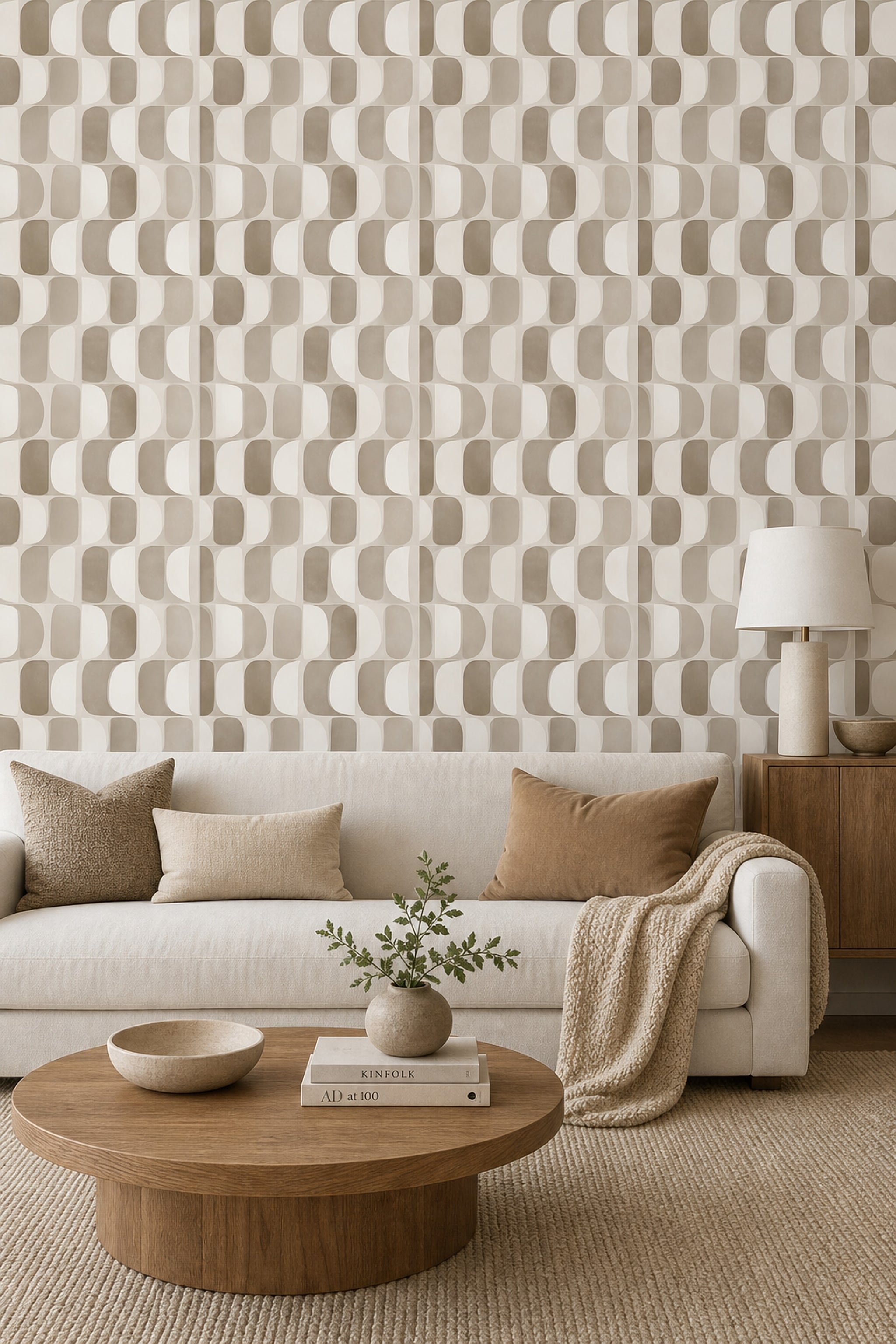 Geometrik Yuvarlatılmış Desenli Duvar Kağıdı Bej Krem Salon