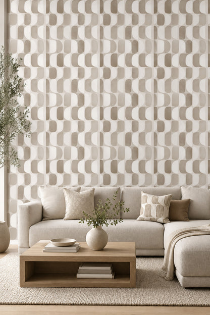 Geometrik Yuvarlatılmış Desenli Duvar Kağıdı Bej Krem Salon